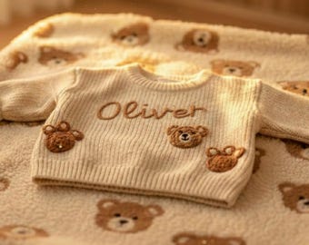 Suéter de oso personalizado para bebé, suéter con nombre bordado personalizado, suéter de oso para niño pequeño, suéter de punto, regalo para baby shower, regalo de primer cumpleaños