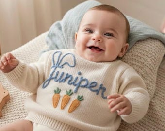 Gepersonaliseerde trui babynaam, handgeborduurde paashaas trui, aangepaste outfit peuter konijntje, babyshower cadeau, eerste paascadeau