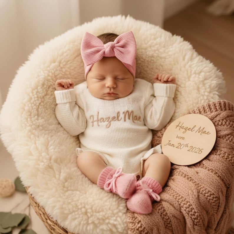 May include: A baby wearing a white knitted onesie with the name "Hazel Mae" embroidered on it, a pink bow headband, and pink booties. The baby is lying on a fluffy white cushion. A wooden disc with the baby's name and birthdate is visible.