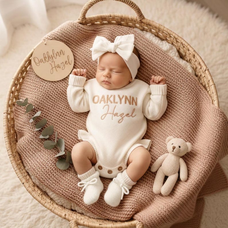 May include: A baby wearing a white outfit with the name "Oaklynn Hazel" embroidered on it, a matching bow headband, and socks, lies in a woven basket. A small teddy bear and a wooden sign with the same name are also in the basket.