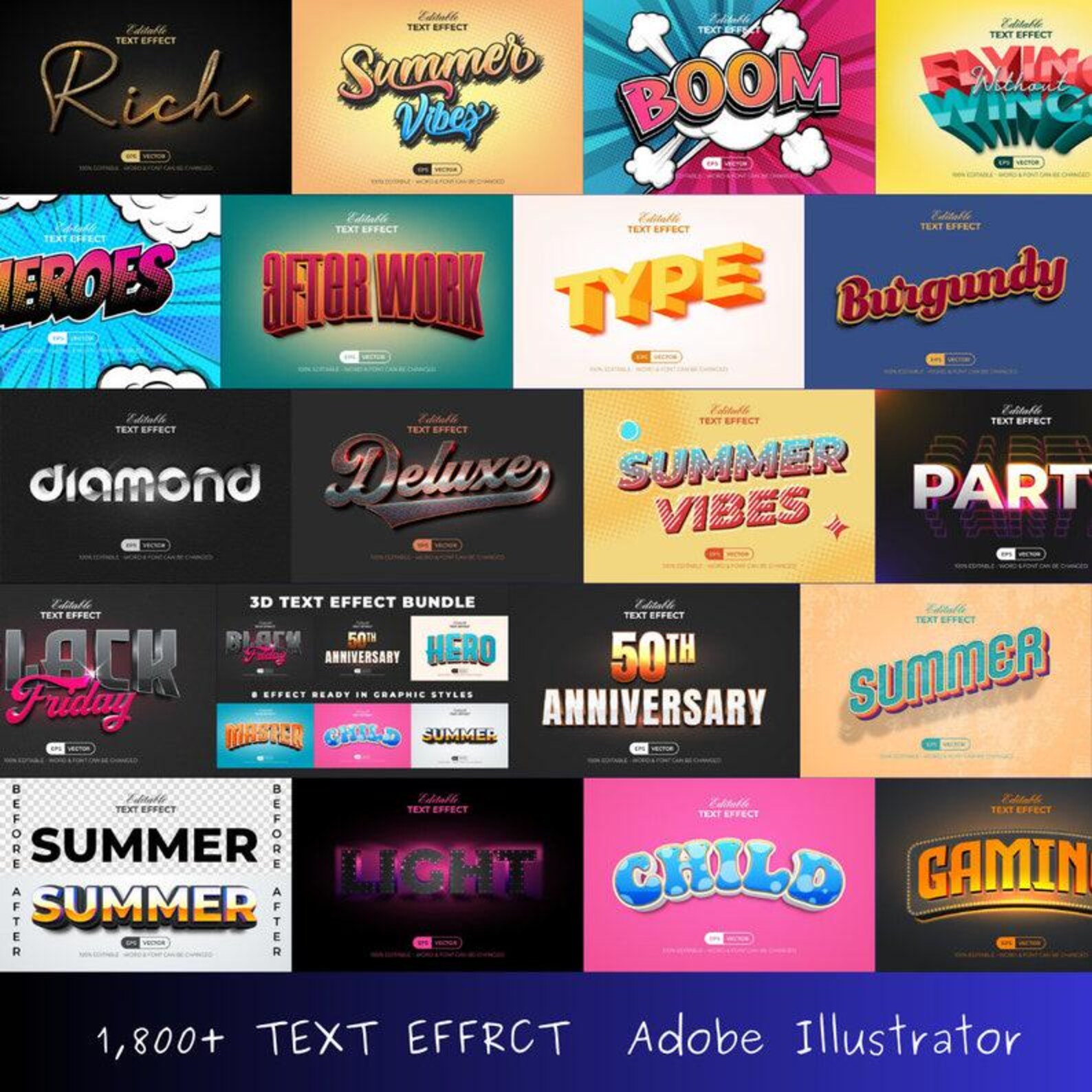 1800 Illustrator Text Styles & Effects Editable 3D Vector Designs ...