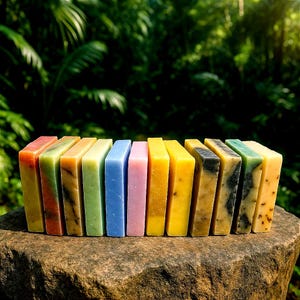 May include: A row of 12 colorful bars of soap arranged on a rock surface. The soap bars are in shades of green, blue, yellow, orange, and pink.