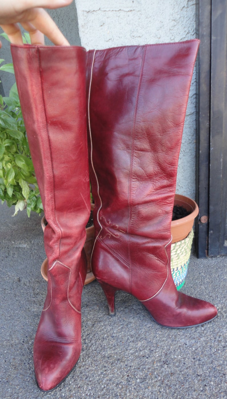 Oxblood Knee High 70s Gold Embroidered Leather Boots Heels 8 | Etsy