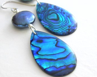 Blue Abalone Earrings, Peacock Coin Pearls, Deep Blue Sea Shell Jewelry