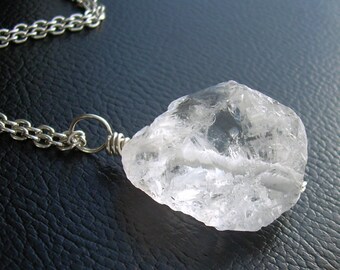 Crystal Quartz Pendant, Raw Rock Crystal Necklace, Rough Stone Jewelry