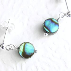 round blue & green abalone shells, sterling silver post earrings