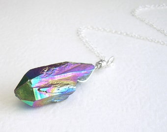 Rainbow Aura Crystal Pendant, Titanium Quartz Necklace, Metallic Crystal Point, Gift Under 25