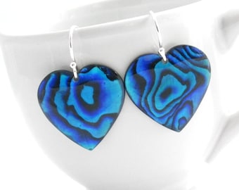 Blue Heart Earrings: Paua Jewelry, Abalone Shell Earrings, Bridesmaid Jewelry