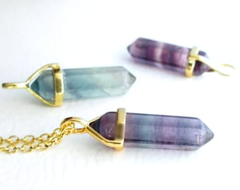 Fluorite Crystal Point Necklace, Rainbow Gemstone Pendant, Boho Jewelry, Gold Cable Chain