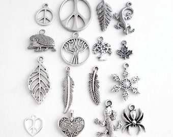 Silver Nature Charms & Symbols: Leaves, Trees, Animals, Feathers, Snowflake Add Ons for Pendants, Peace Signs, Hearts, Elephant for Necklace