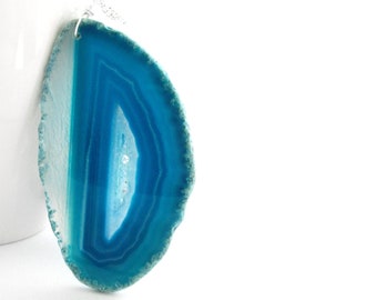 Agate Slice Pendant, Peacock Blue Stone Necklace, Geode Druzy Jewelry