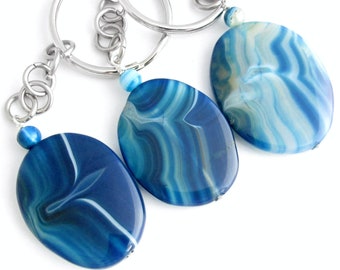 Agate Stone Key Chain, Azure Blue Key Fob, Handmade Keychain, Gifts Under 15