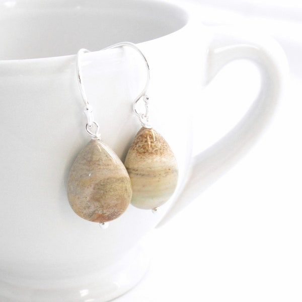 Brown Petrified Wood Earrings, Fossil Stone Jewelry