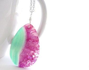 Watermelon Agate Geode Pendant, Unique Pink & Green Stone Necklace