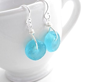 Round Aqua Blue Earrings; Turquoise Recycled Glass Jewelry, Eco Friendly Gifts Under 15