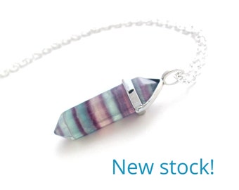 Rainbow Fluorite Necklace, Gemstone Point Pendant, Double Terminated Crystal