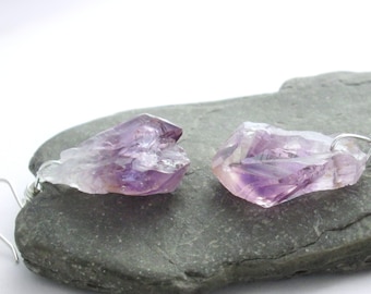 Purple Amethyst Earrings, Uncut Crystal Birthstone Jewelry, Raw Quartz Earrings