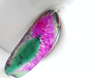 Watermelon Sliced Agate Necklace, Long, Green & Pink Stone Pendant