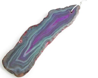 Long Magenta & Teal Agate Pendant, Green Stone Jewelry, Calgary Artisan, Unique Gift for Her