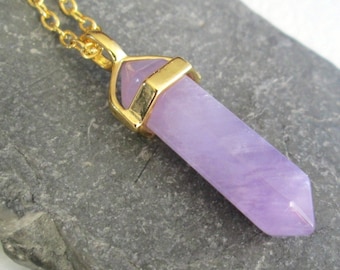 Purple Amethyst Point Pendant: Double Terminated Crystal Jewelry, Boho Necklace, Long Gold Chain