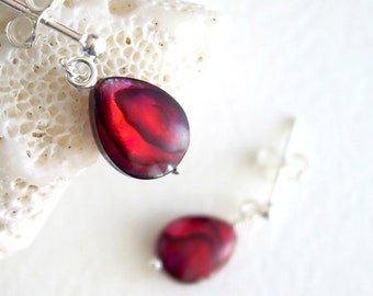 Red Paua Earrings, Ruby Abalone Shell Jewelry, Sterling Silver Studs with Dangle