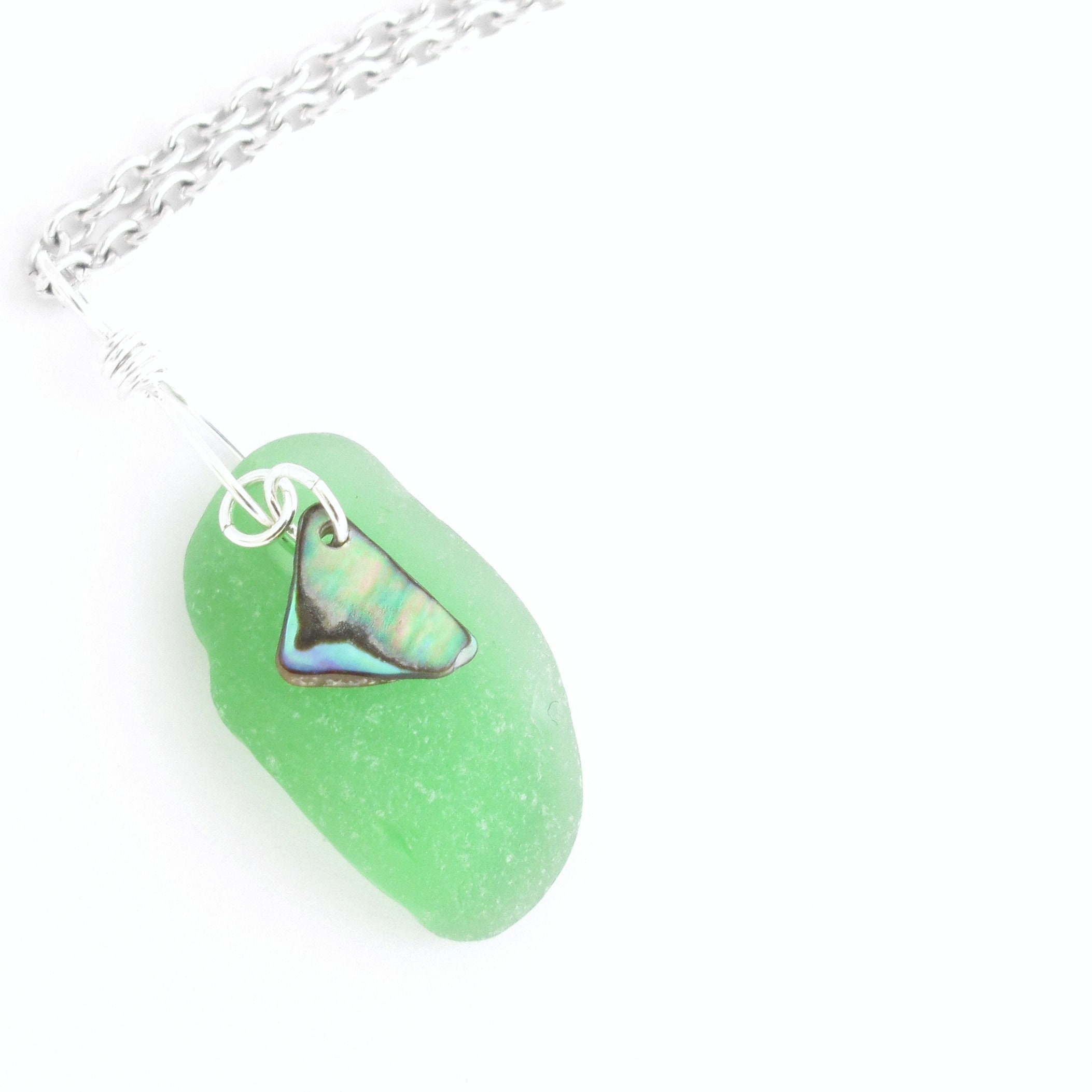 Tumbled glass with abalone charm necklace on silver