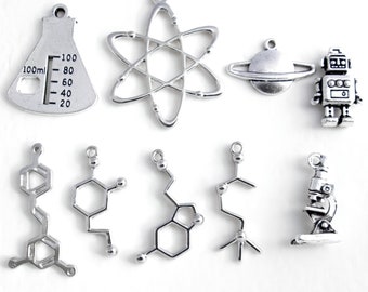 Silver Science Charm Pendants for Necklaces: Molecules, Atom, Lab Tools, Planet, Robot; Chemistry Symbols, Neurotransmitter