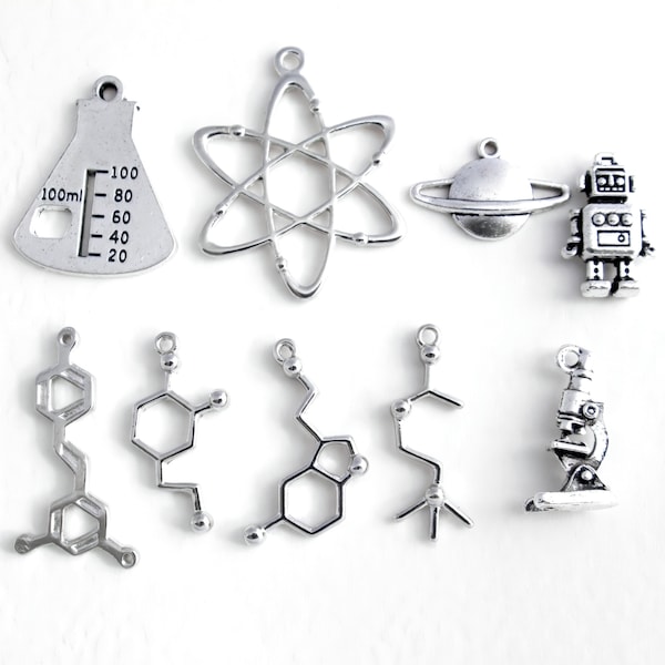 Silver Science Charm Pendants for Necklaces: Molecules, Atom, Lab Tools, Planet, Robot; Chemistry Symbols, Neurotransmitter