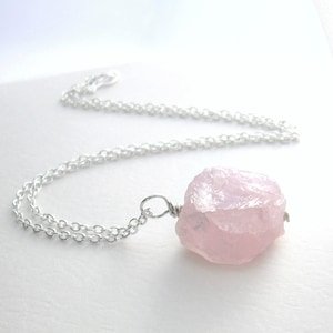 Raw Rose Quartz Pendant, Semi Precious Gemstone Necklace, Pink Crystal, Sterling Silver image 1