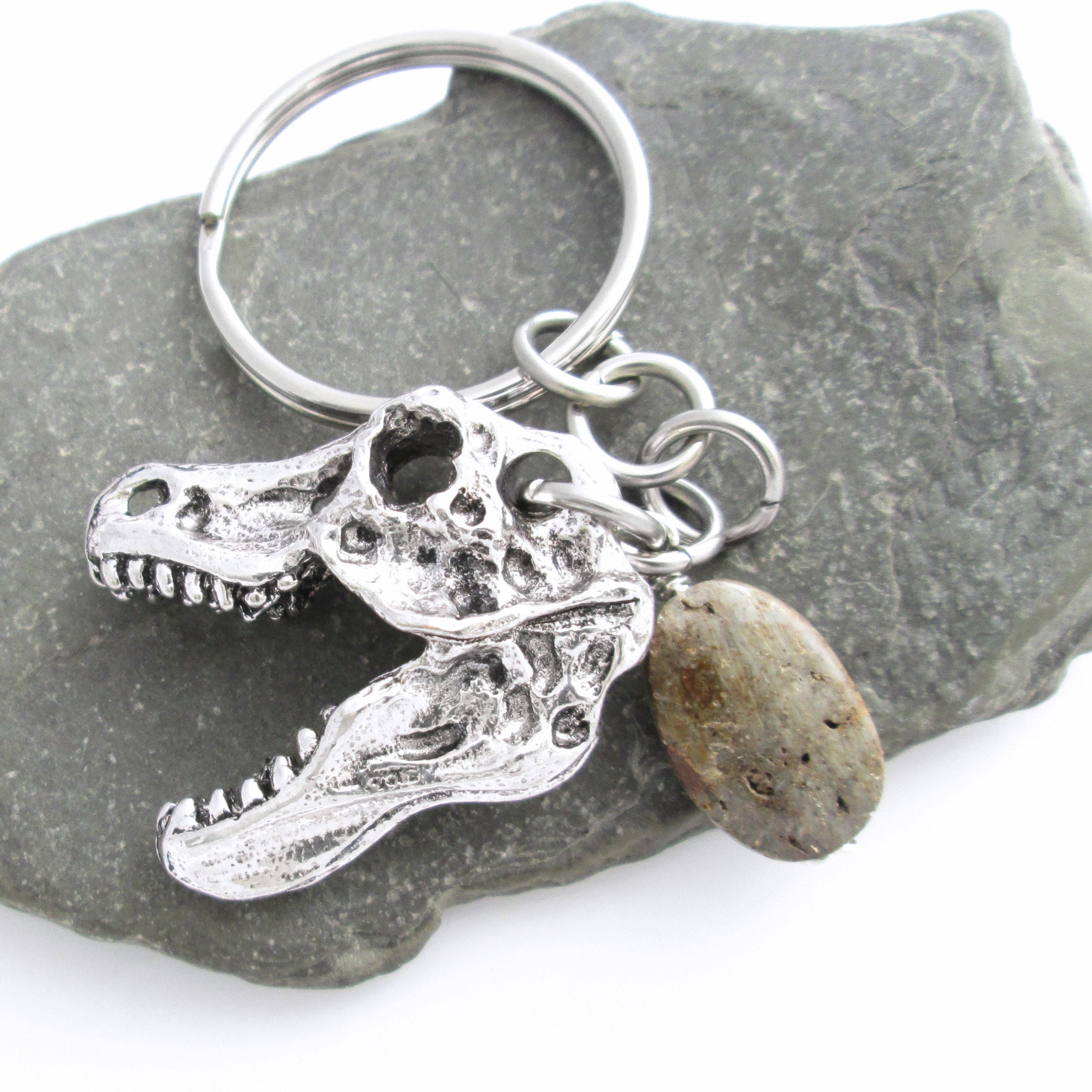 Dinosaur Keychain Real Fossil Bone Charm T Rex Skull Key Etsy
