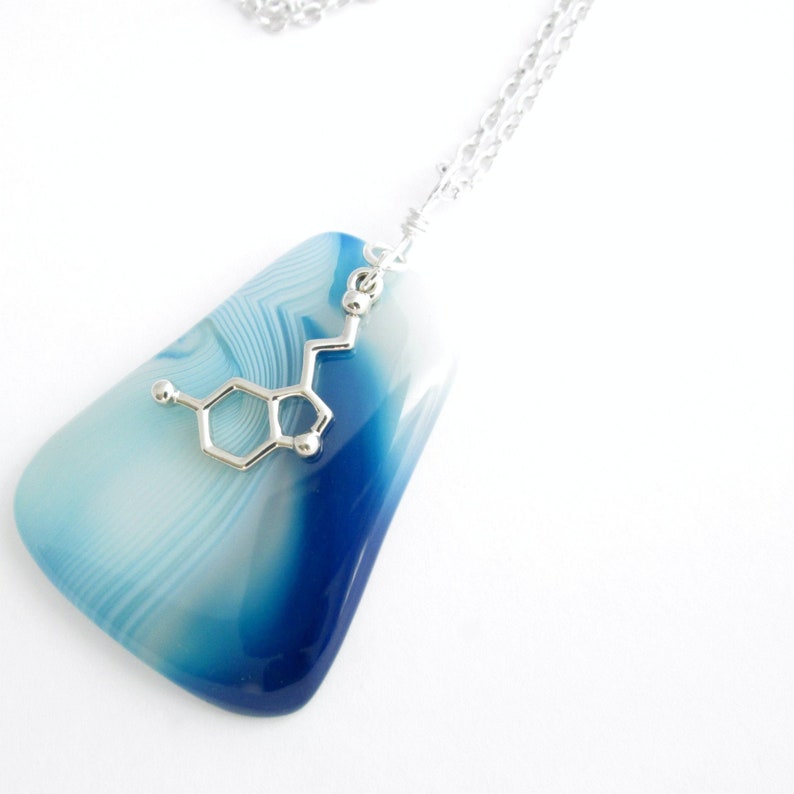 Navy Blue Agate Necklace Striped Stone Pendant Serotonin - Blue Agate Pendant Necklace
