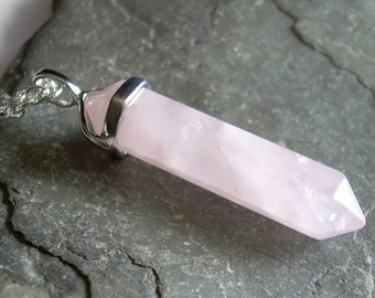 Natural Crystal Pendant, Pink Stone Jewelry, Rose Quartz Point Necklace, Gifts Under 20