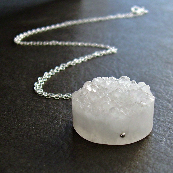 White Crystal Druzy Necklace, Round Agate Stone, Drusy Jewelry