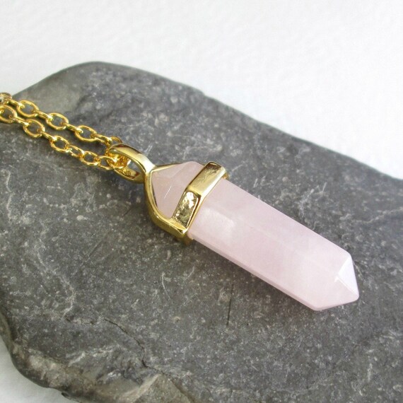 Rose Quartz Point Pendant Gold Chain Pink Crystal Necklace Real