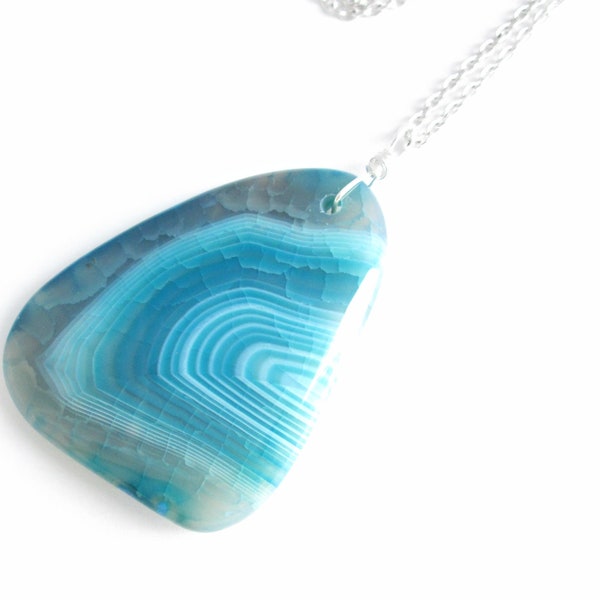 Turquoise Agate Pendant, Teal Stone Jewelry, Blue Agate Slab Necklace