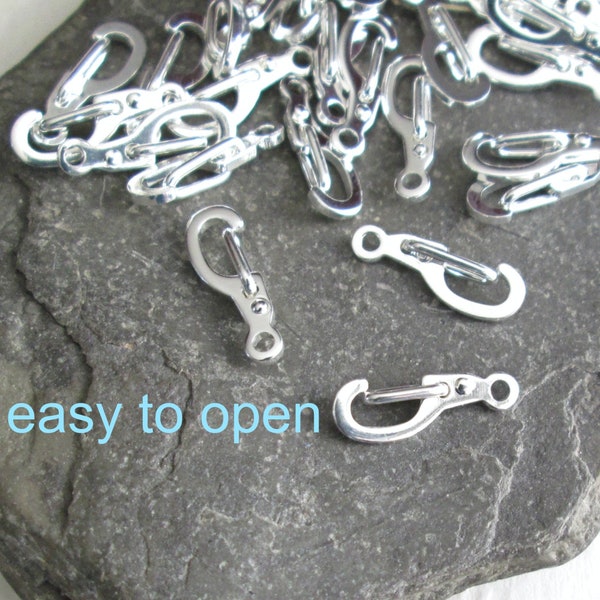 20 Silver Triggerless Clasps, Arthritis Friendly Jewelry Supply, Push Back Clip Clasp, Metal Hook Style, Bulk Lot, Auto-Close Attachment