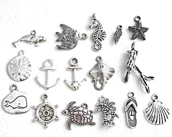 Beach Charms for Necklaces; Add Ocean Themes, Sea Animals, Marine Life, Silver Anchor; Make Resort Jewelry, Custom DIY Pendant, Shells, Fish