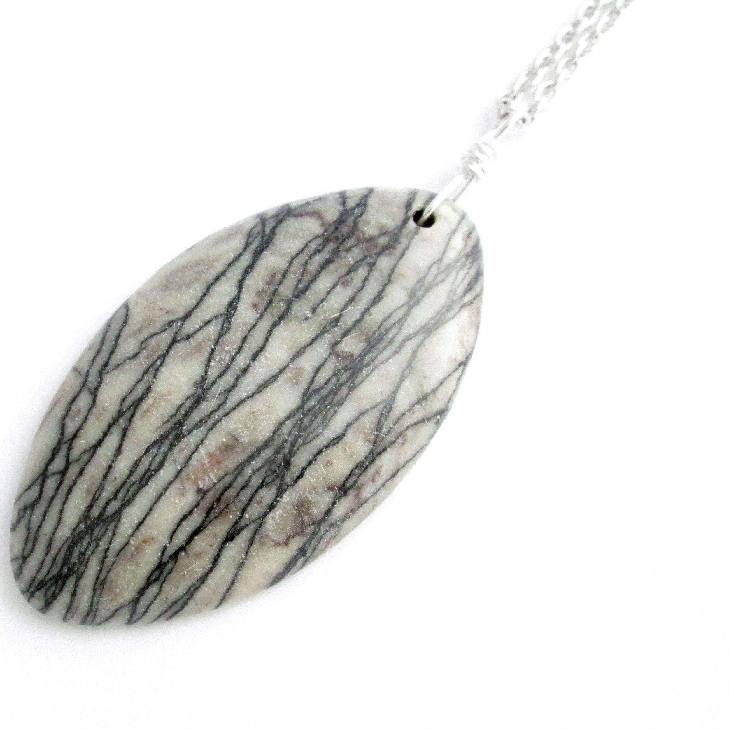 Oval BlackWhite Jasper Striped Stone Sterling Silver Wrapped Pendant