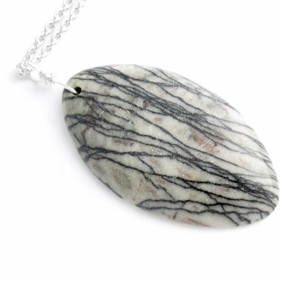 Oval BlackWhite Jasper Striped Stone Sterling Silver Wrapped Pendant