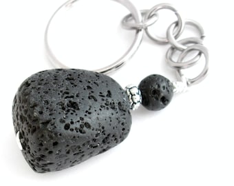 Black Lava Rock Key Chain, Gift for Men, Basalt Stone Key Ring, Diffuser