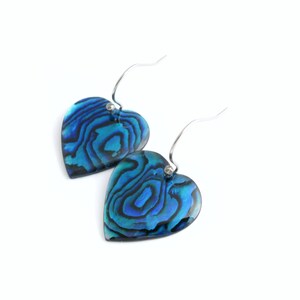 Blue Heart Earrings: Paua Jewelry, Abalone Shell Earrings, Bridesmaid Jewelry Surgical Steel Hook