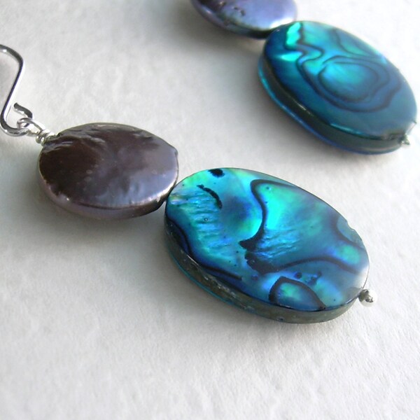 Blue Abalone Shell Earrings, Peacock Pearl Beach Jewelry, Ocean Theme