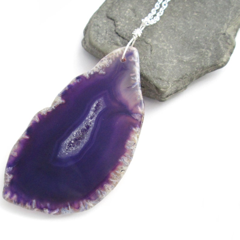 Big Purple Agate Necklace, Druzy Geode Jewelry, Sterling Silver Wire image 1