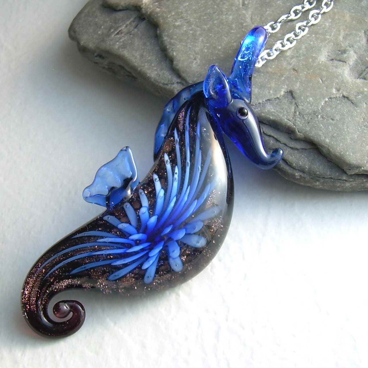 Blue Seahorse Necklace Cobalt Glass Sea Horse Pendant Sea Etsy