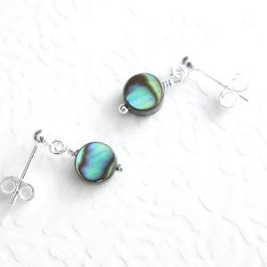 small round green and blue abalone shell earrings on sterling silver posts