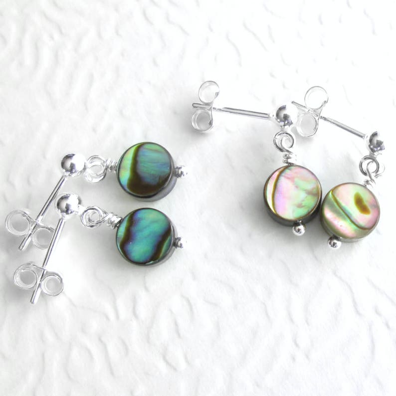 2 pairs abalone earrings on sterling silver posts, one pair blue & green, the other mostly pink shells
