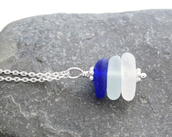 Aqua Blue Sea Glass Necklace, Beach Wedding Jewelry, Cobalt Bridesmaid Necklace, Stacked Pendant, Gift Under 40