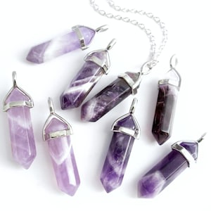Collier pointe d'améthyste : pendentif quartz violet lavande, collier bijoux bohème en cristal Purple, White Stripe