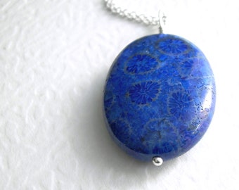 Blue Coral Fossil Necklace, Science Jewelry, Sterling Silver Cobalt Pendant