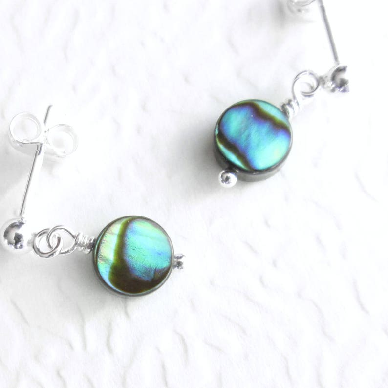 round blue & green abalone shells, sterling silver post earrings